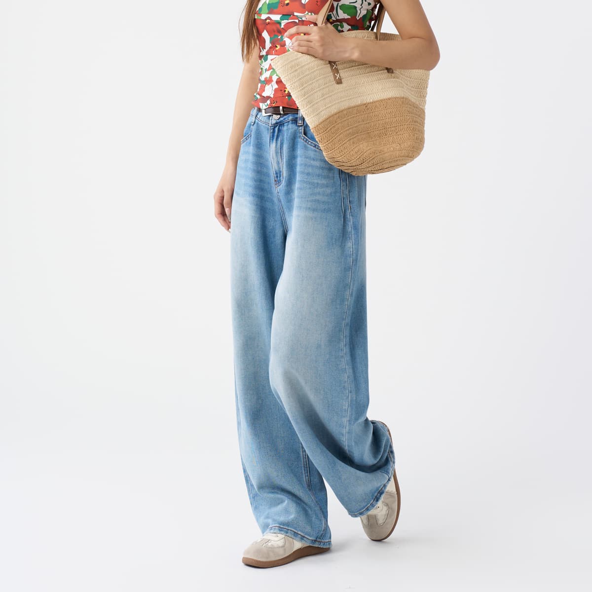 レディース ジーンズ ゆったりシルエットハイウエストデニムパンツ