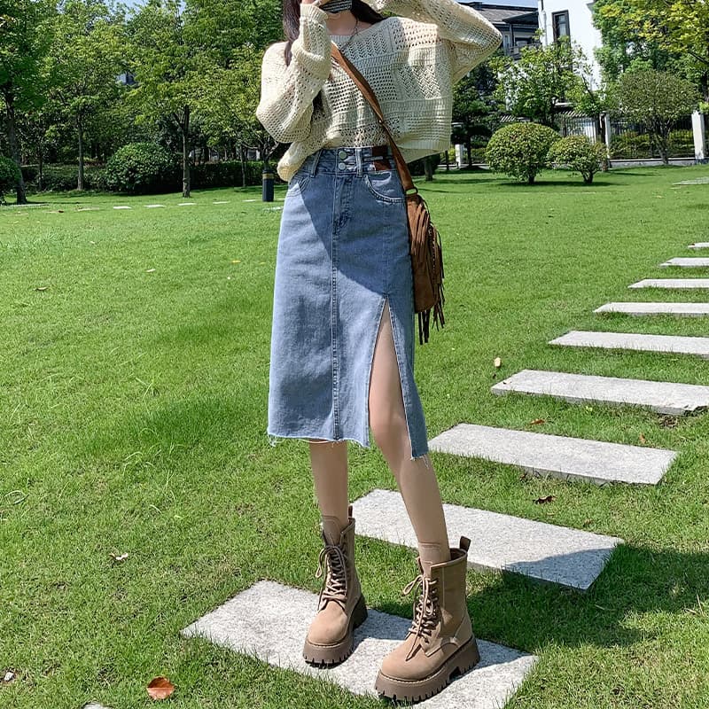 レディース ジーンズ サイドスリット入りハイウエストミディ丈デニムスカート