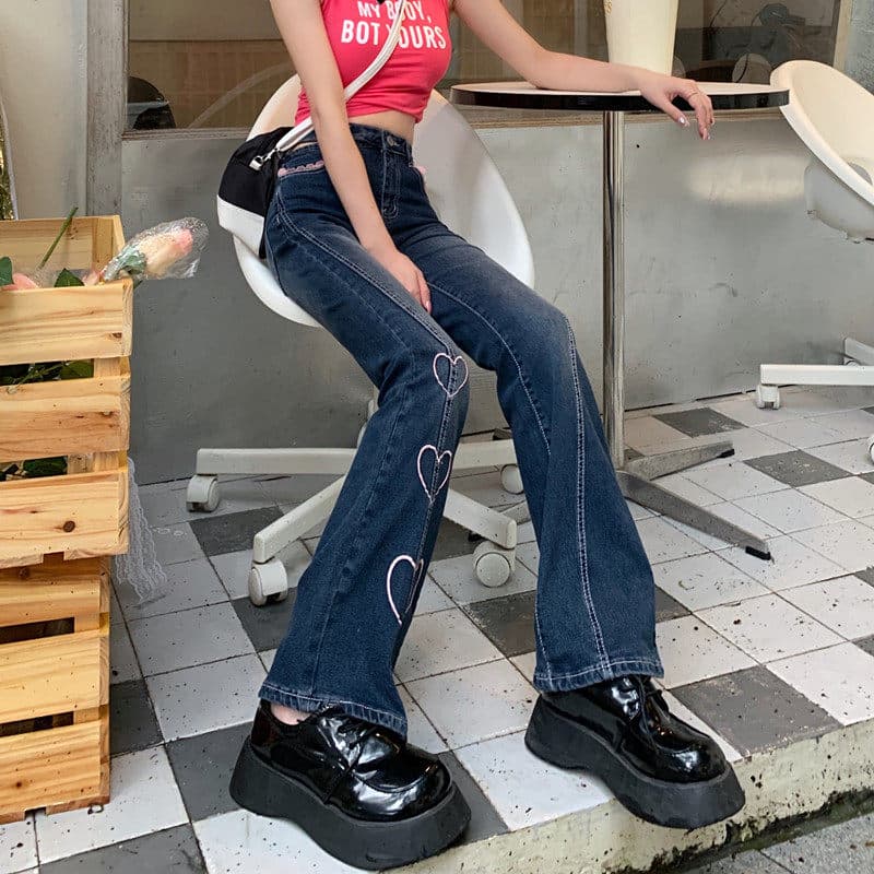 レディース ジーンズ ハート刺繍入りフレアデニムパンツ