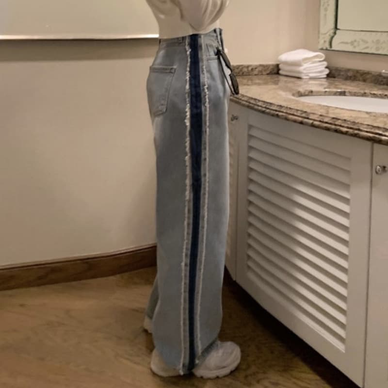 レディースジーンズパンツ サイドラインフリンジストレートデニム