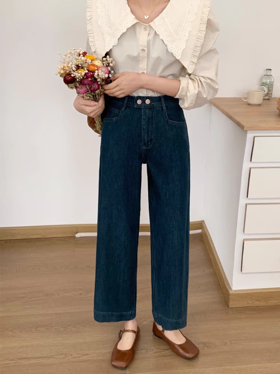 レディースジーンズパンツ フリルポケット付きワイドデニムパンツ