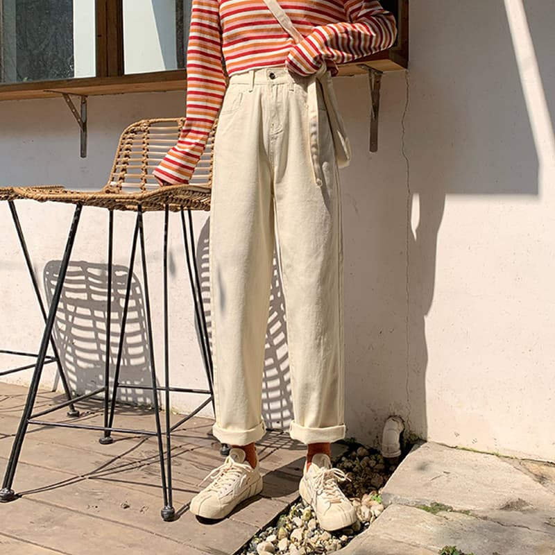 レディース ジーンズ ハイウエストストレートデニムパンツ