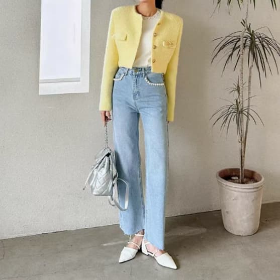 レディース ジーンズ ハイウエストゆったりストレートデニム