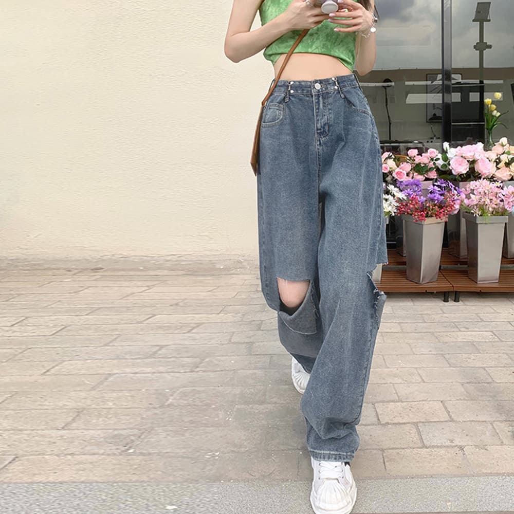 レディース ジーンズ ハイウエスト ダメージデニム ワイドパンツ 春夏秋