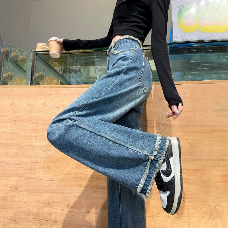 レディース ジーンズ 裾切りっぱなしストレートジーンズ