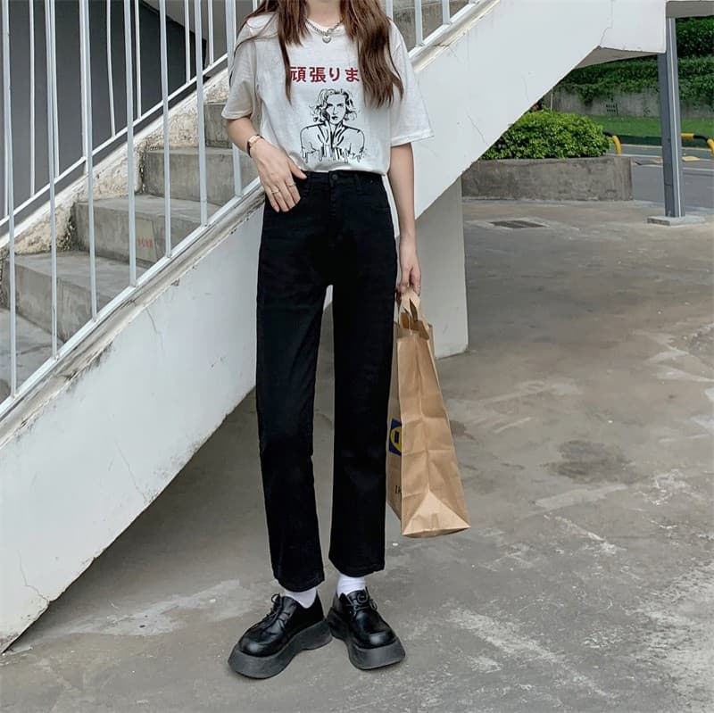 レディース ジーンズ 美脚見せハイウエストストレートデニムパンツ